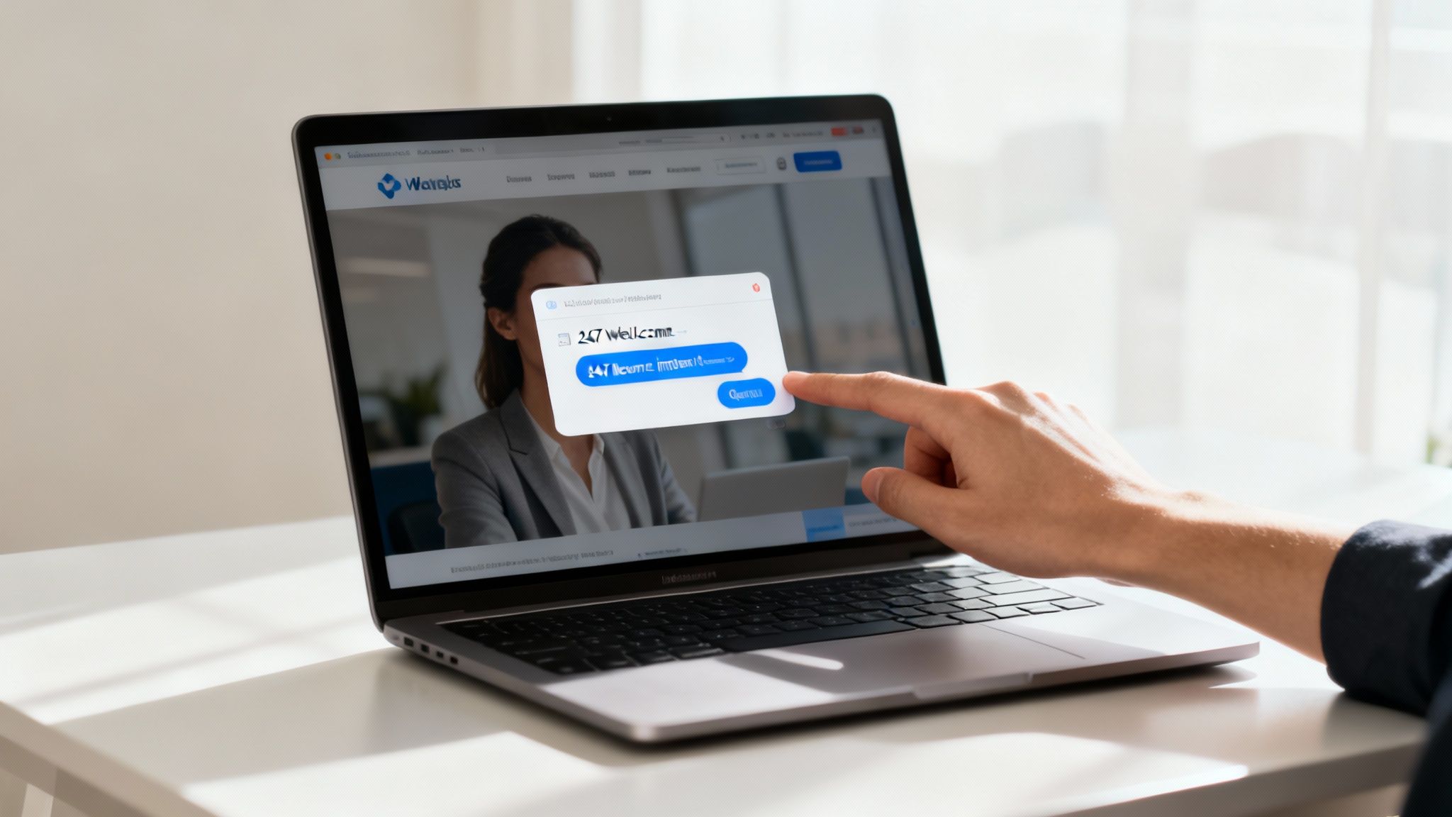 A hand interacts with a laptop screen displaying a website and an AI chatbot welcome message.
