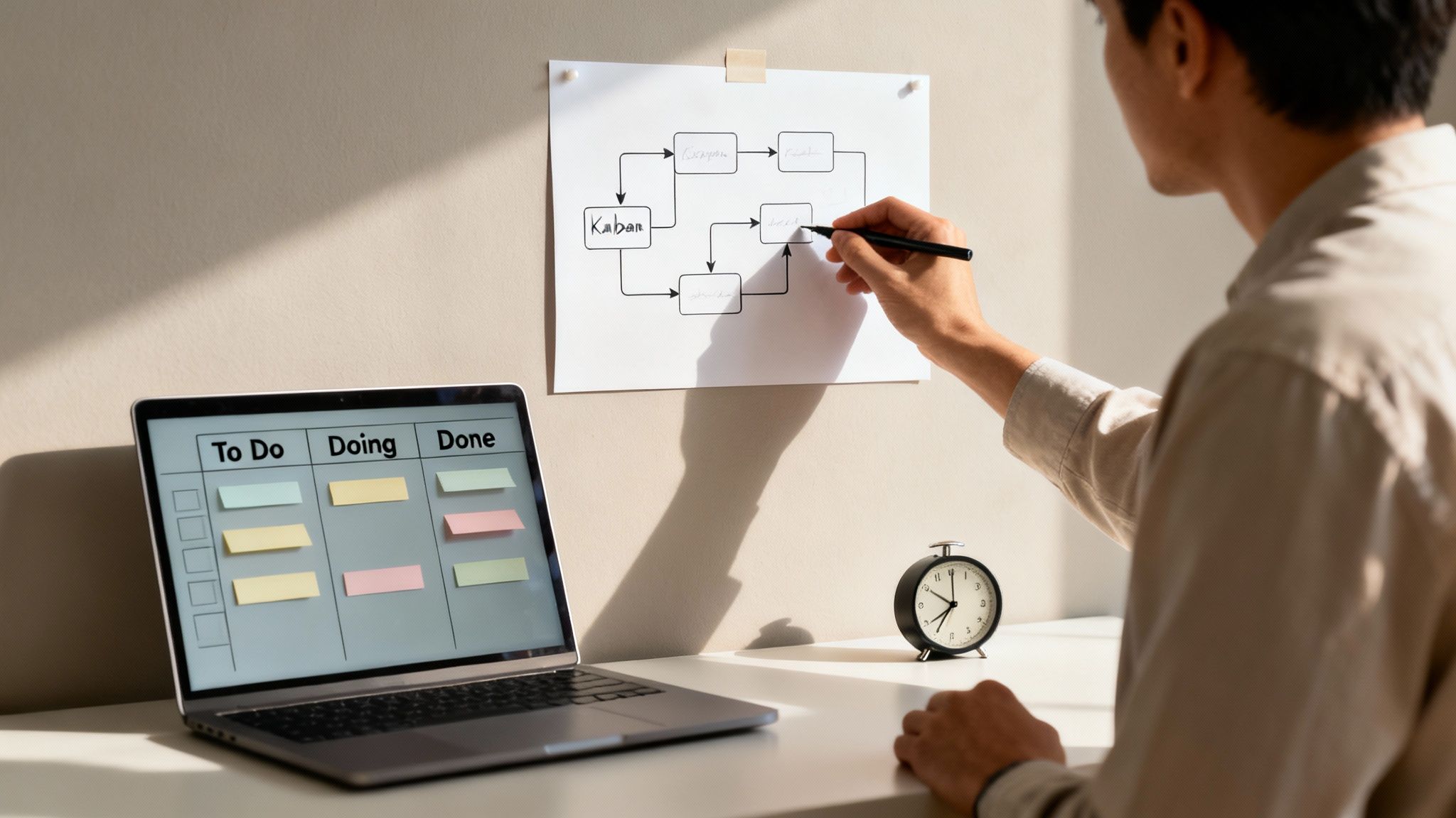 A person works on a laptop with a Kanban board and draws a workflow diagram on a wall.