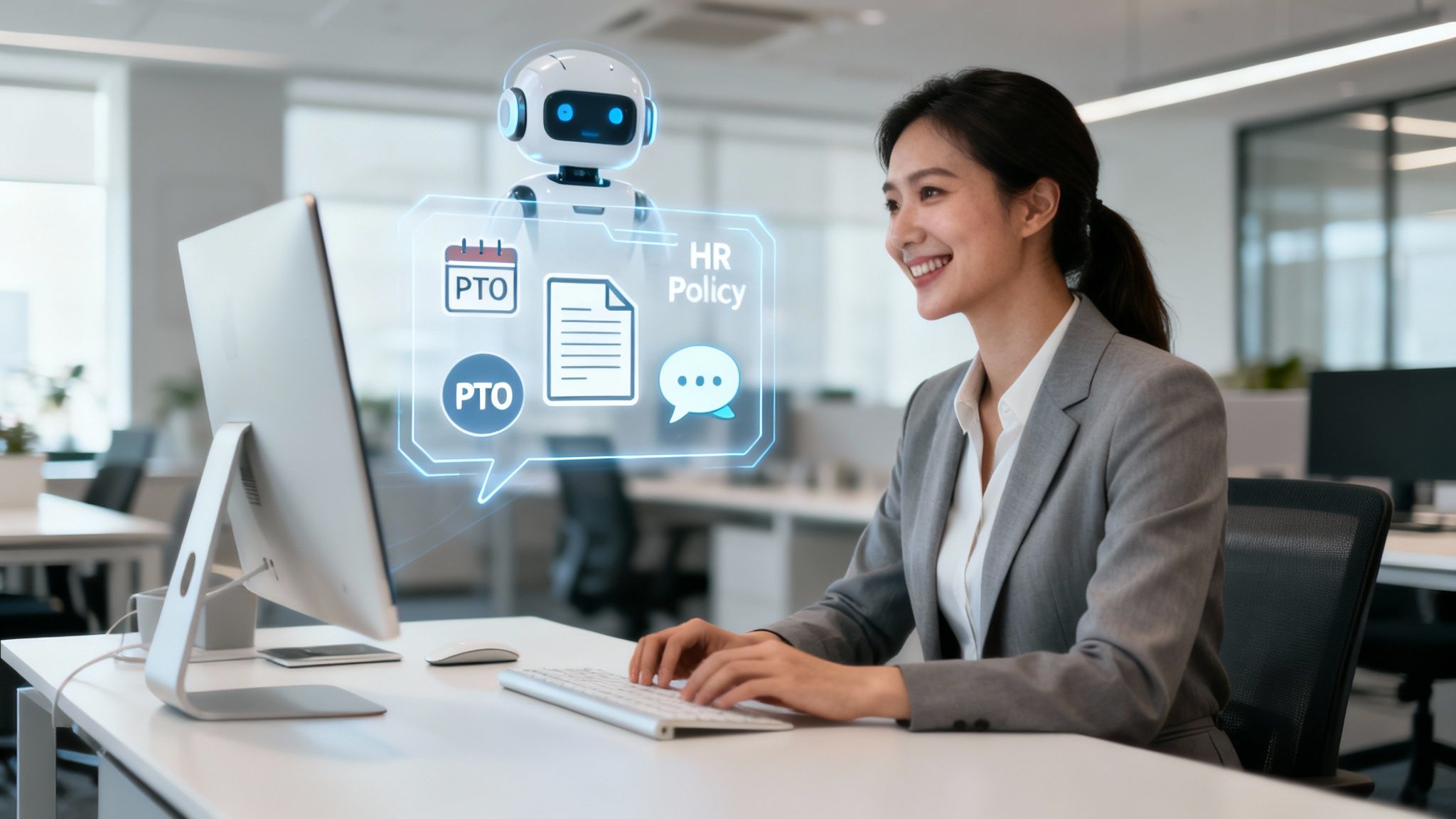 A smiling business woman uses a computer with a holographic HR chatbot displaying policy information.