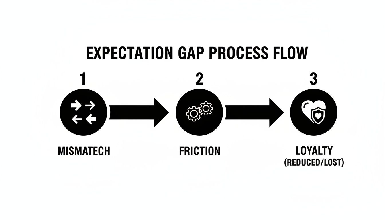Diagram showing the expectation gap process flow: mismatch leads to friction, resulting in reduced or lost loyalty.