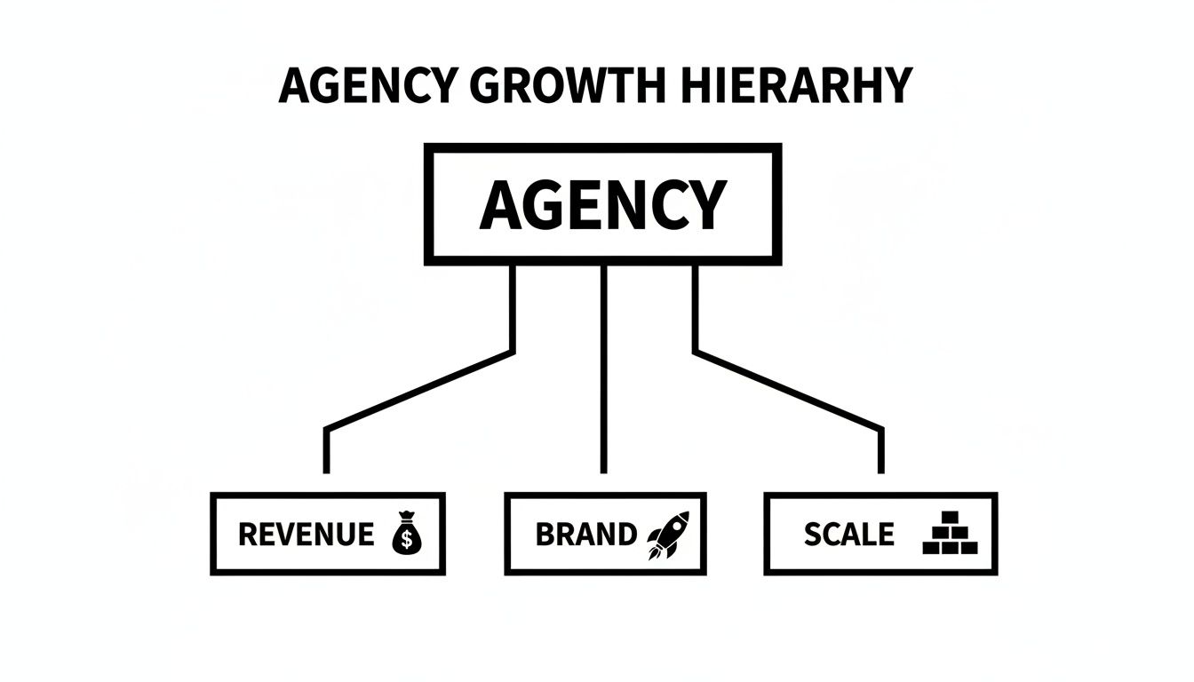 A black and white diagram titled 'Agency Growth Hierarchy' showing Agency at the top, branching into Revenue, Brand, and Scale.