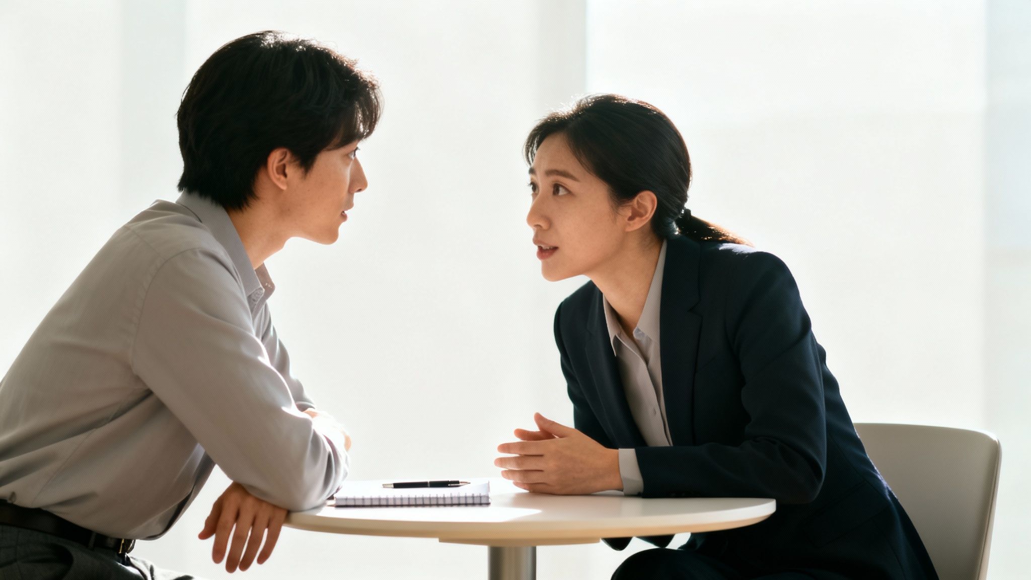Two professionals discussing in a bright, modern office setting, with a notebook on the table.