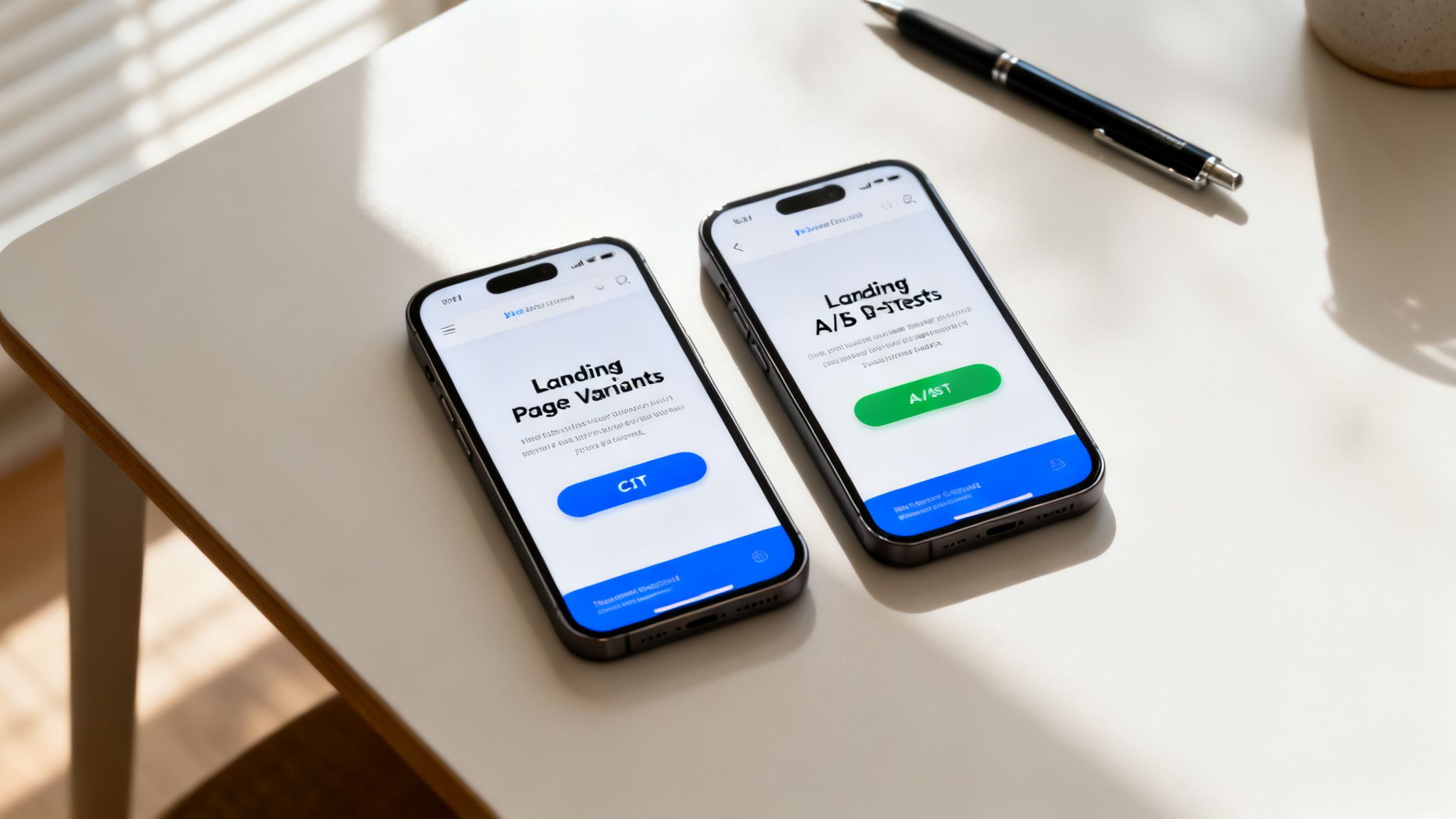 Two smartphones on a white table displaying apps for 'Landing Page Variants' and 'Landing A/B D-Tests'.