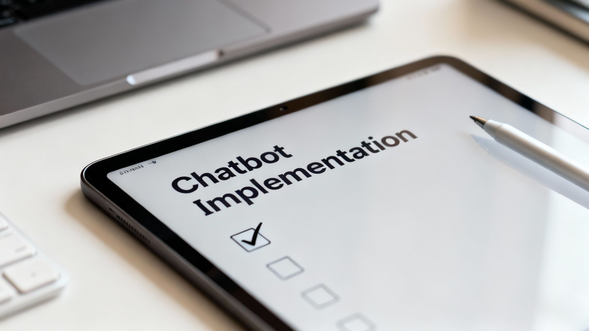 Tablet screen shows 'Chatbot Implementation' checklist with one item checked, beside a stylus and laptop.