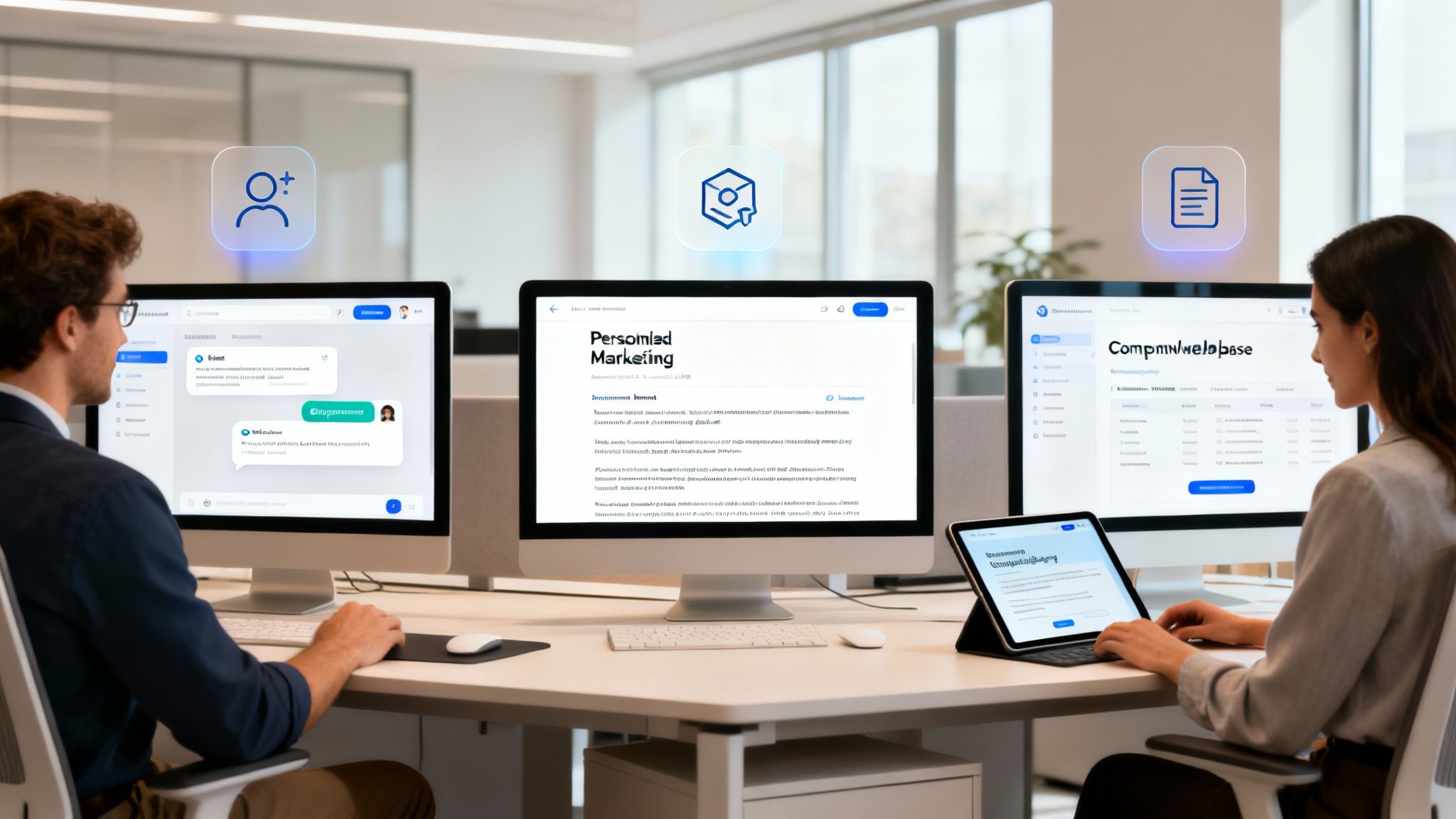 Two professionals collaborate in a modern office, using computers and a tablet with business applications.