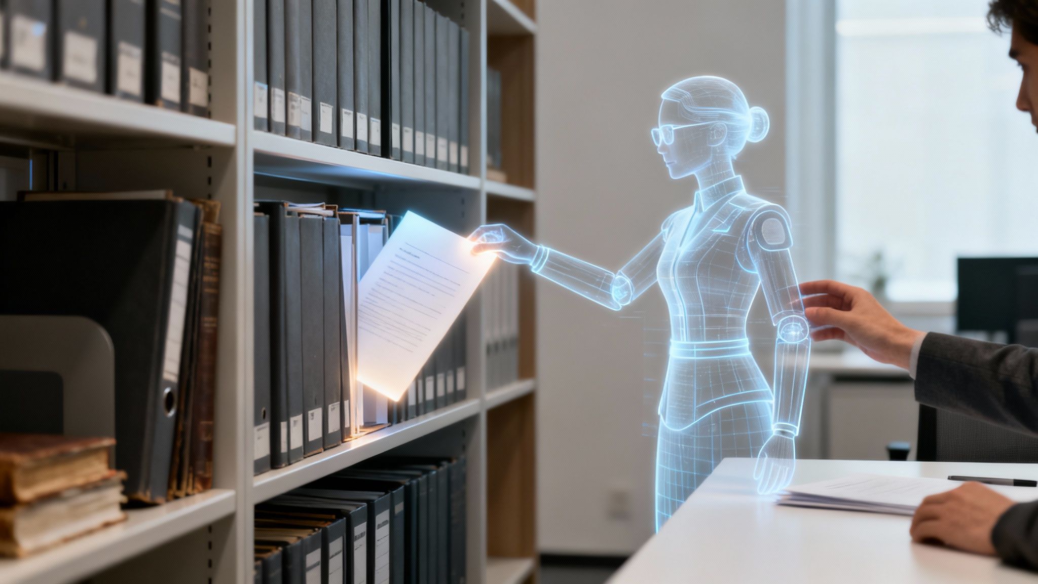 A holographic AI assistant retrieves a glowing document from a library shelf in an office.