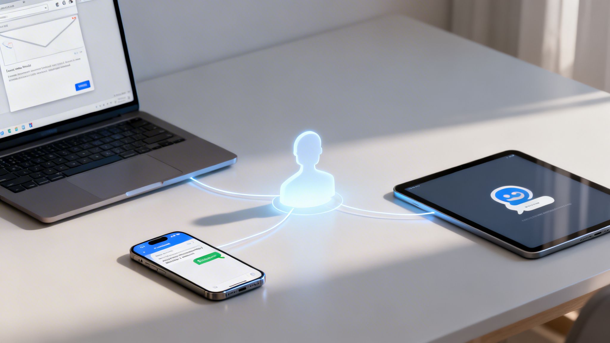 A glowing human icon connects a laptop, smartphone, and tablet with light lines, symbolizing multi-device synchronization.