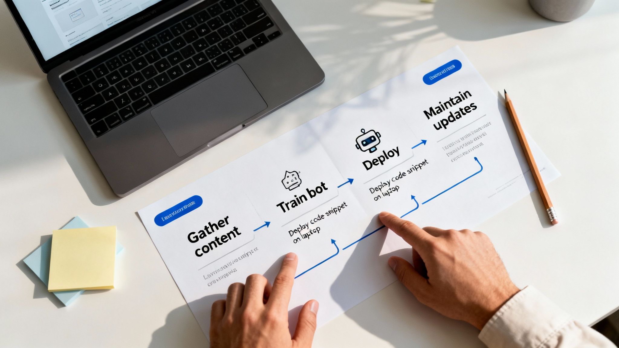 Hands on a desk pointing at a document detailing a chatbot development and deployment process with a laptop.