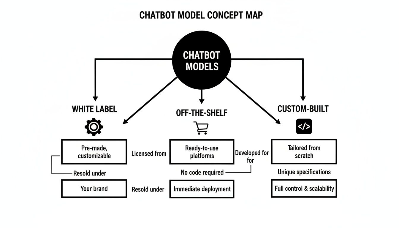 A concept map showing three chatbot models: white label, off-the-shelf, and custom-built, with features.