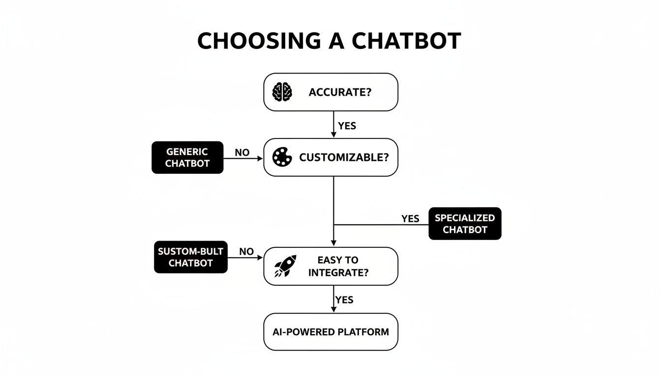 Flowchart illustrating the decision process for choosing a chatbot based on accuracy, customization, and integration.