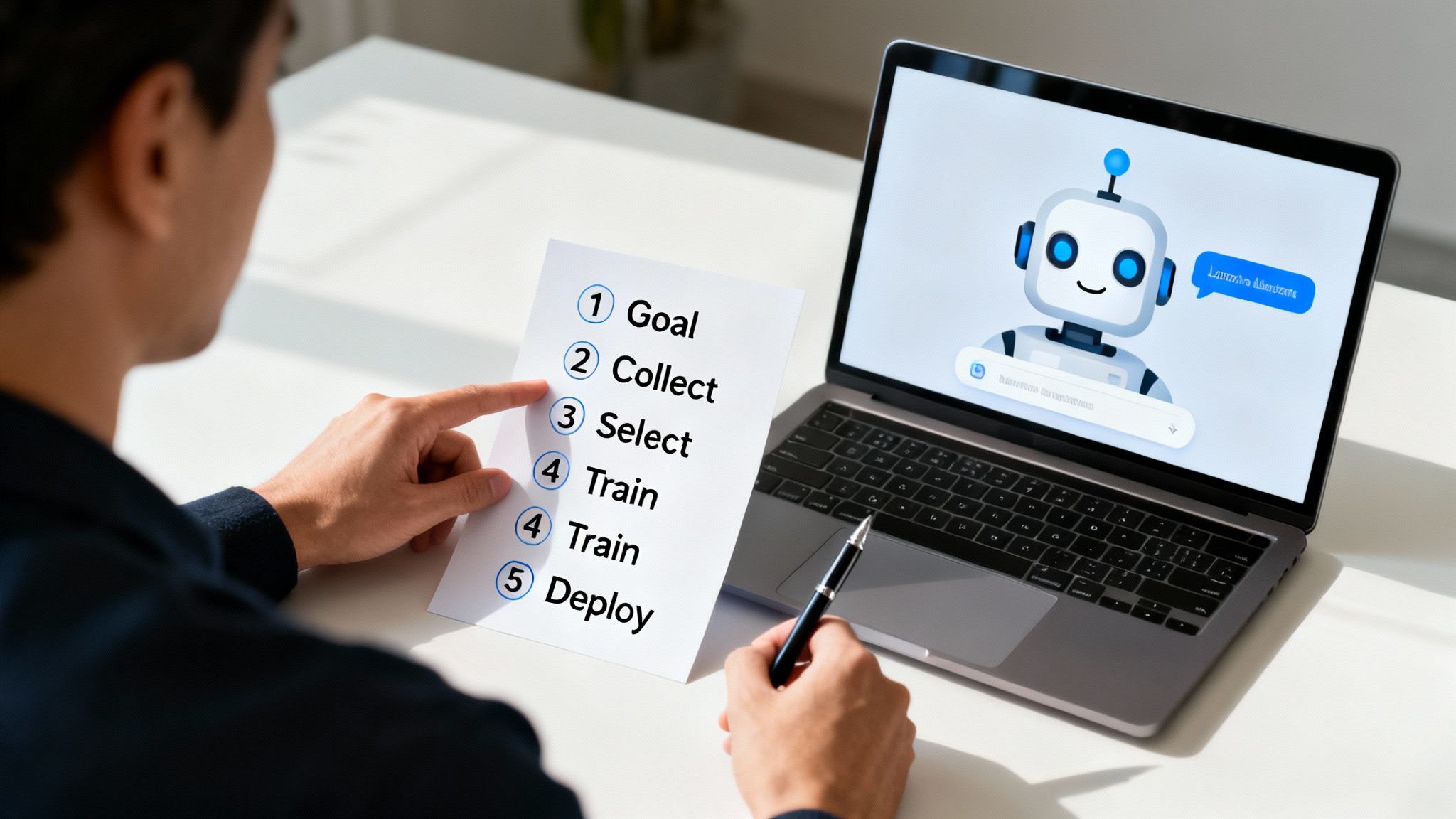 A person reviews an AI development checklist with a laptop displaying a chatbot interface.
