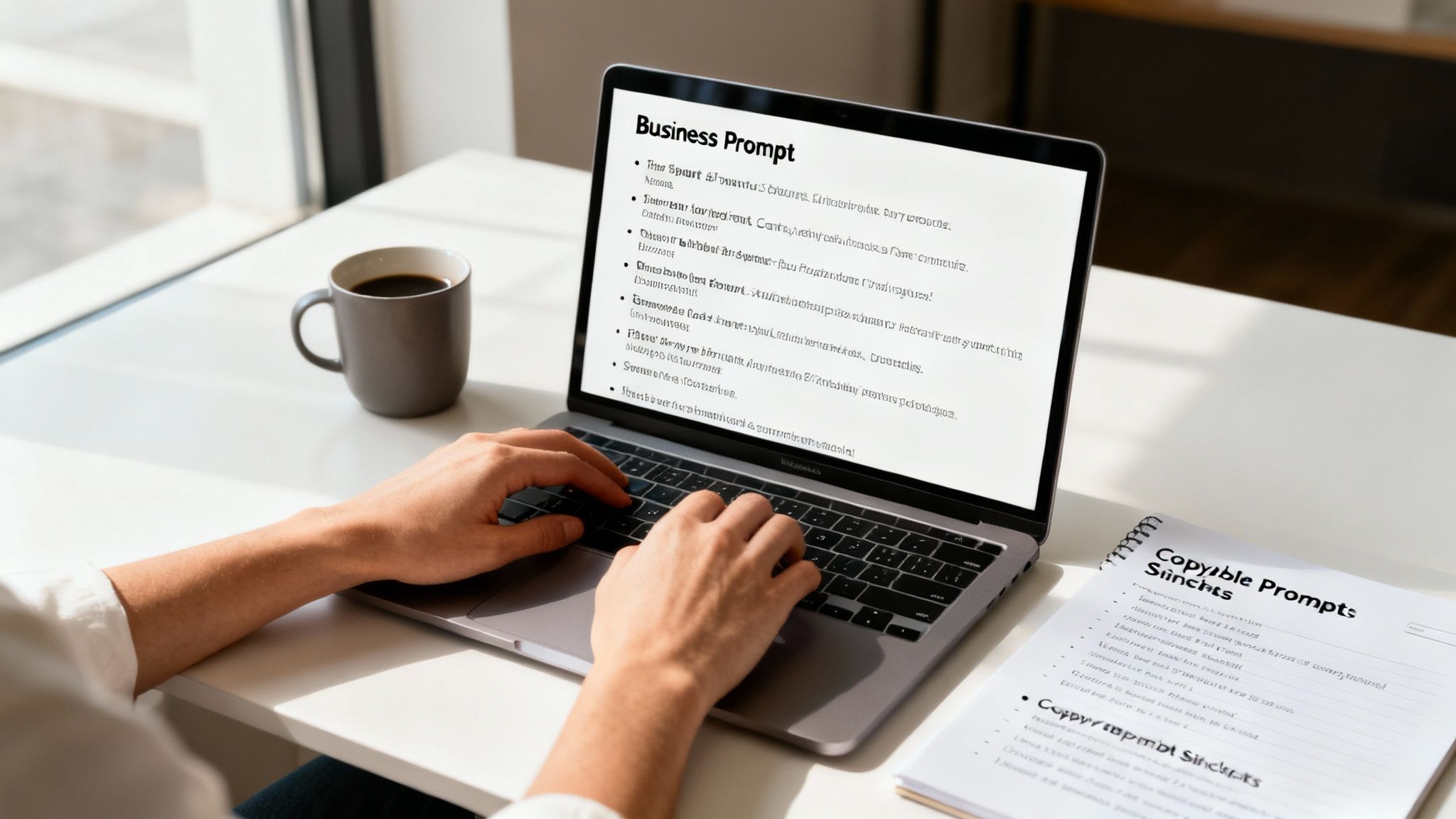 Person typing on a laptop displaying 'Business Prompt' with a coffee mug and notebook on a bright desk.