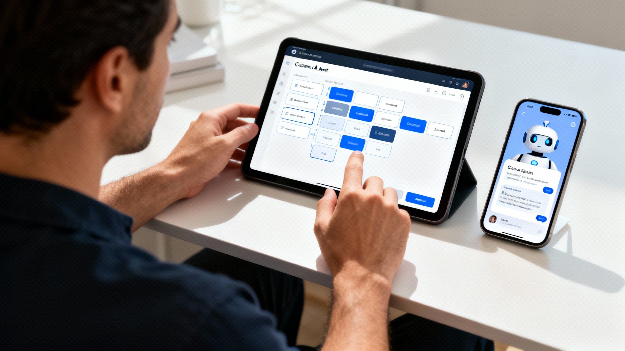 A man interacts with a tablet showing an AI workflow diagram, next to a smartphone displaying a chatbot.