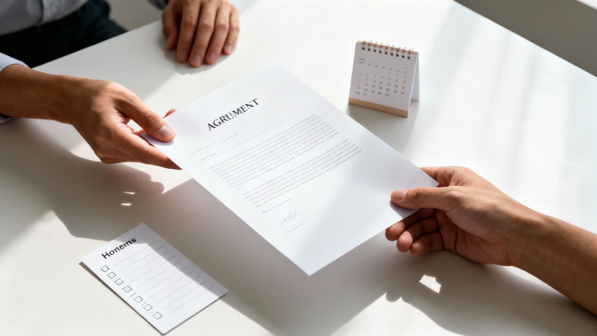Close-up of two people exchanging a business agreement document across a white table.