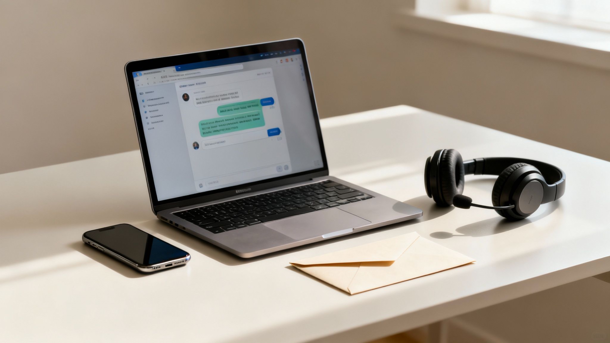 A laptop showing a chat app, a smartphone, black headphones with a mic, and an envelope on a sunny white desk.