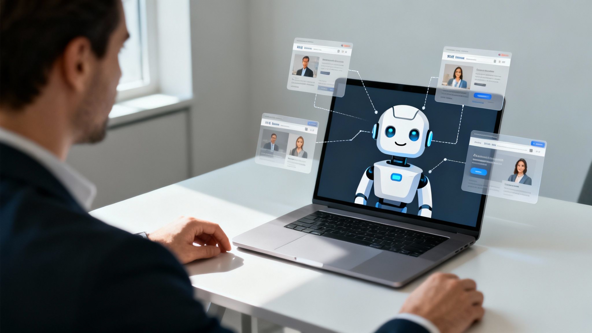 A man views a laptop screen showing an AI chatbot processing candidate profiles, demonstrating AI-powered recruitment.