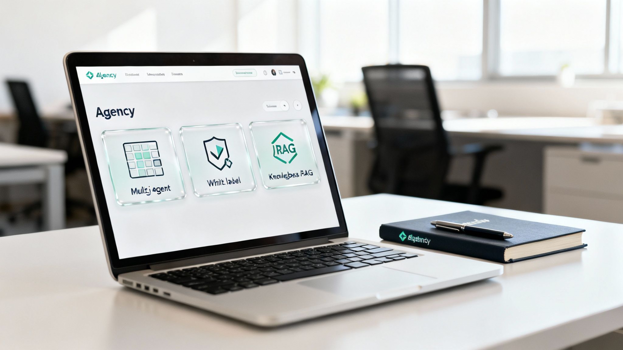 A laptop displays an 'Agency' web interface with three options, beside a notebook and pen on an office desk.