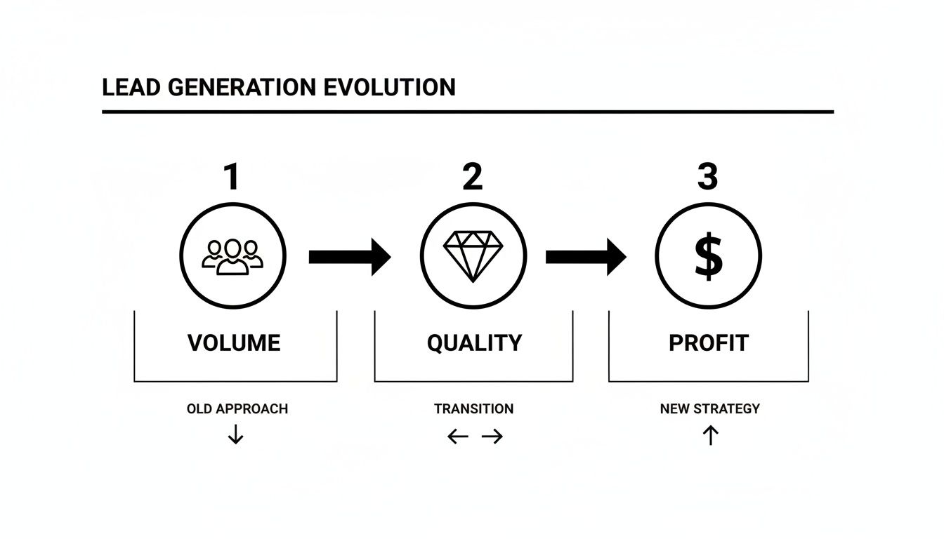 Diagram illustrating the evolution of lead generation from volume, through quality, to profit strategy.
