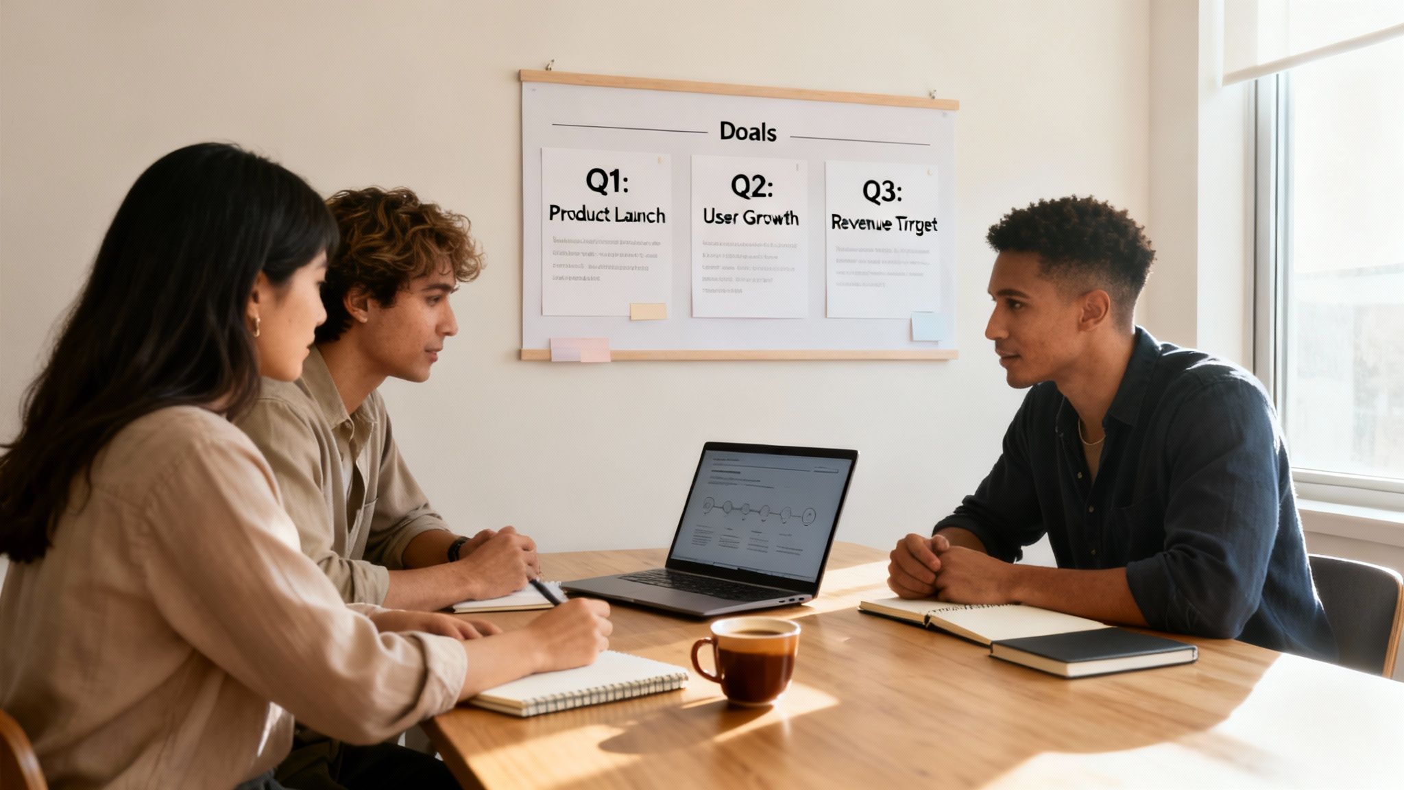 Diverse team discussing product launch, user growth, and revenue targets at a meeting.