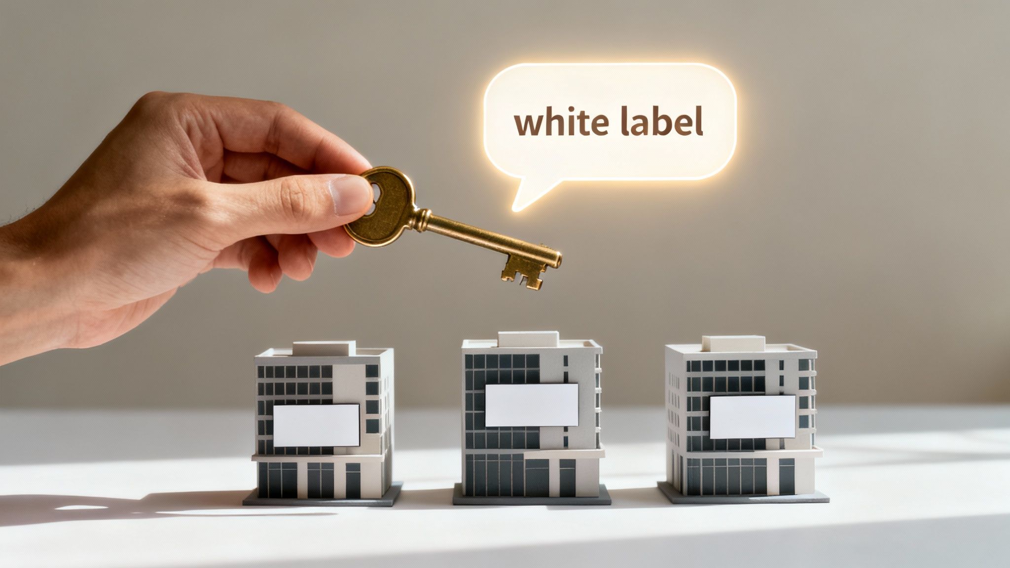 Hand holding a golden key above three identical white label building models with a speech bubble.