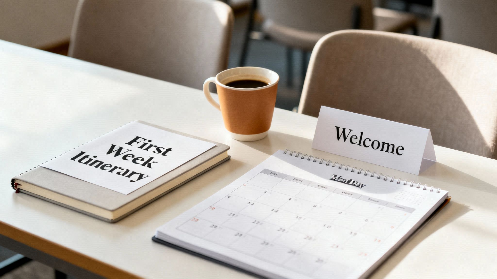 A desk setup for a new employee with a welcome sign, coffee mug, calendar, and a 'First Week Itinerary' notebook.