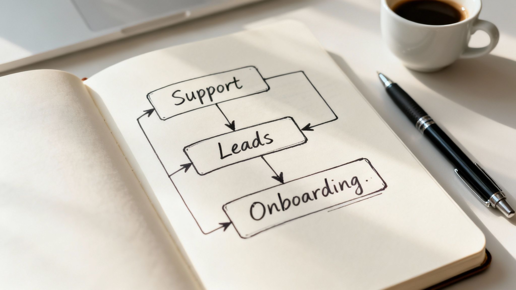 A handwritten business flowchart in a notebook with 'Support', 'Leads', and 'Onboarding' steps.