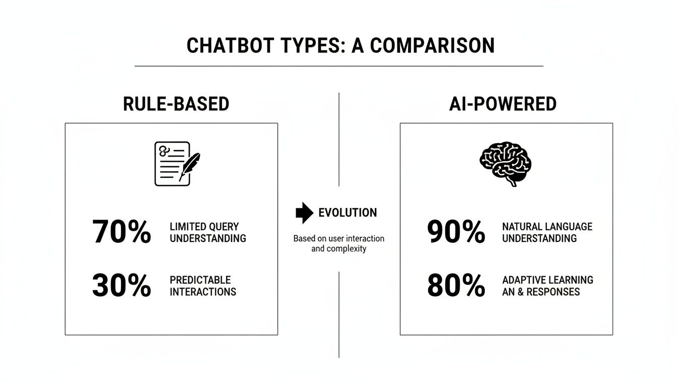 Infographic comparing rule-based and AI-powered chatbots with their respective capabilities and evolution.