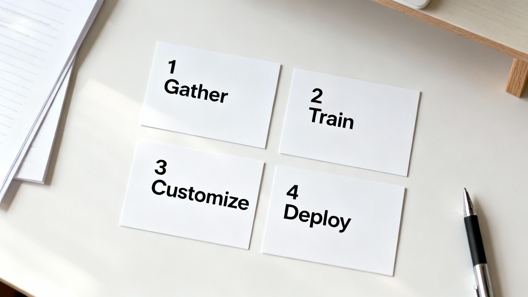Four white cards with steps 'Gather', 'Train', 'Customize', 'Deploy' on a white desk, representing a process.