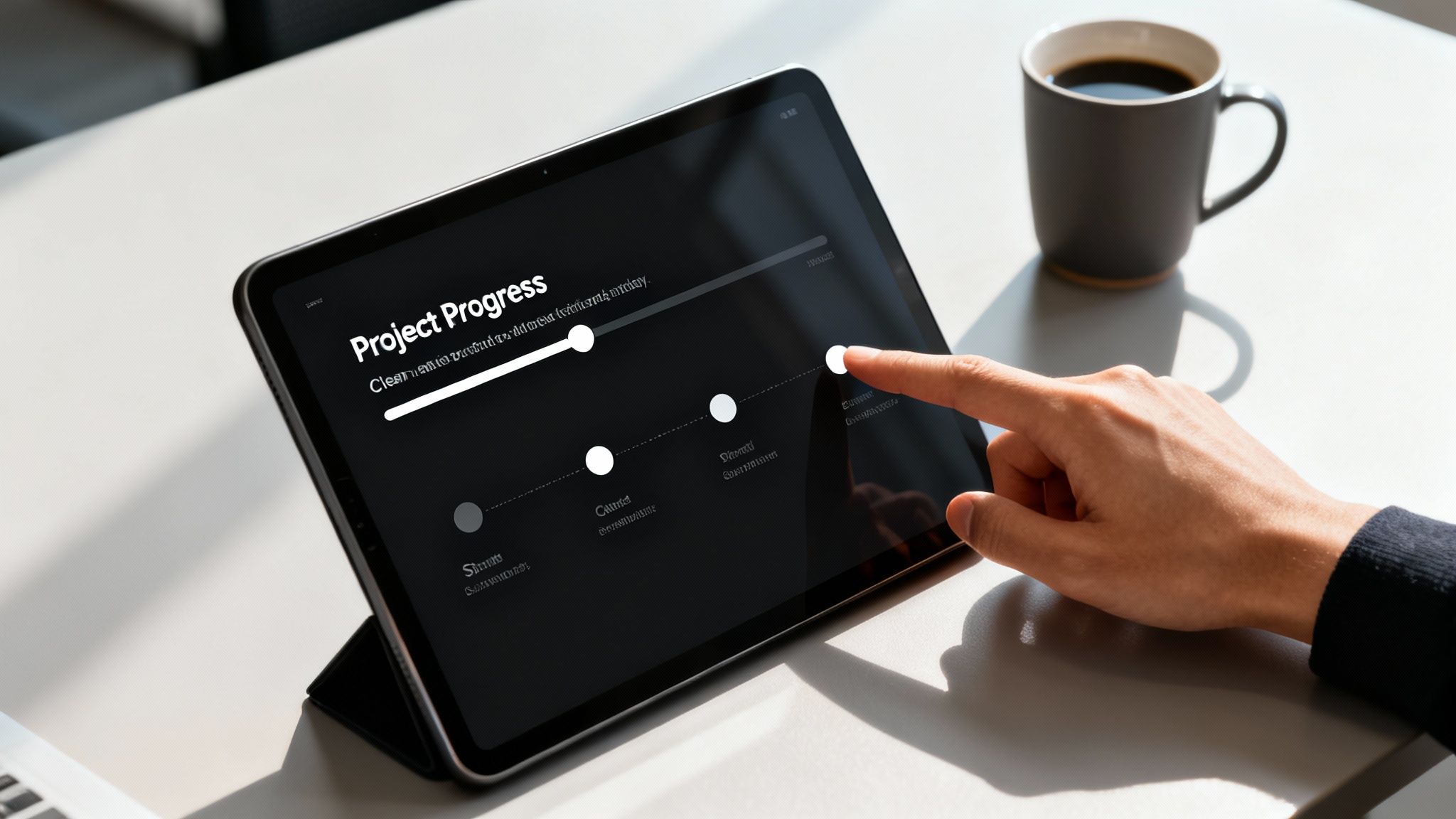 A person's hand taps a tablet screen displaying 'Project Progress' with a timeline and milestones, beside a coffee cup.