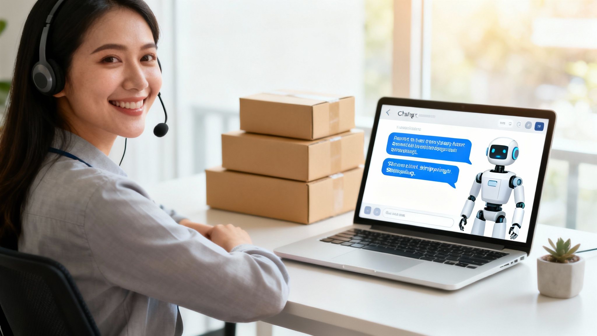 Smiling woman in headset works at desk with laptop displaying AI chatbot, alongside shipping boxes.