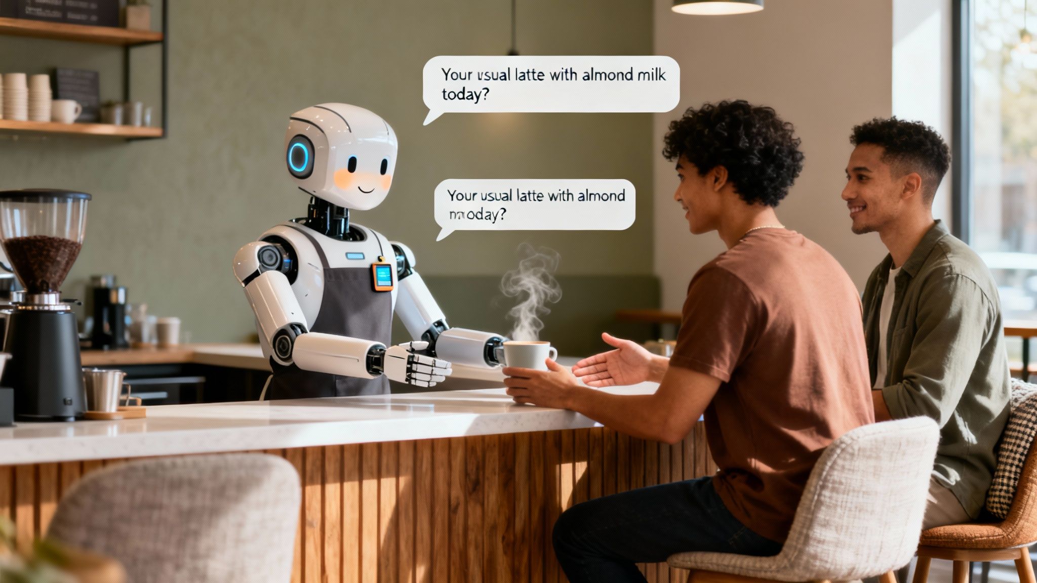 A friendly robot barista serves a steaming almond milk latte to a smiling customer at a modern cafe.