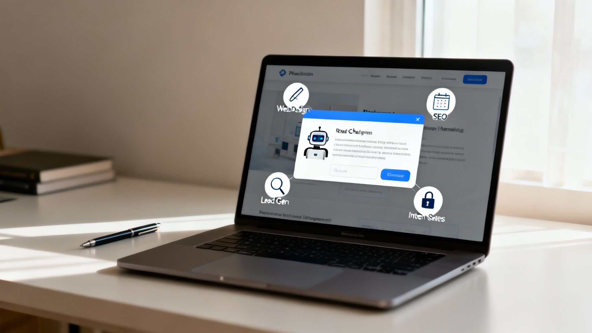 Laptop displaying a white-label AI chatbot pop-up offering various digital marketing services on a desk.