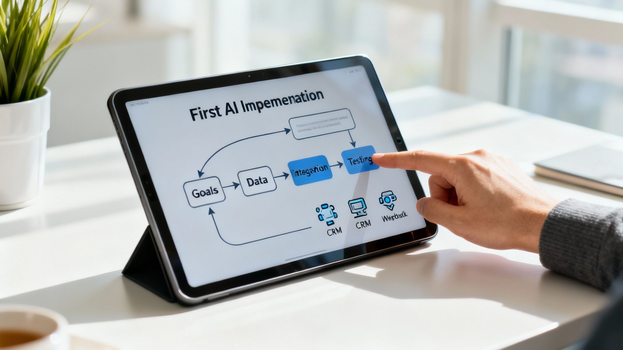 A person's hand taps a tablet displaying an AI implementation flowchart with steps like Goals, Data, Integration, and Testing.