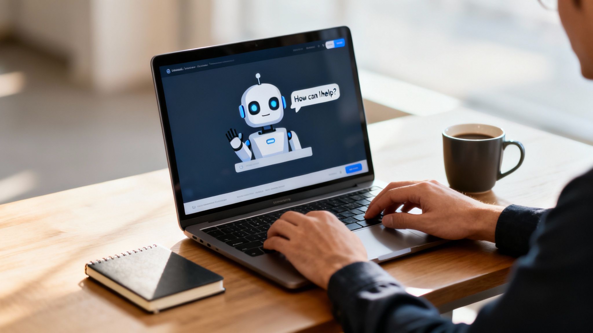 Person typing on a laptop screen displaying a friendly robot chatbot asking 'How can I help?'