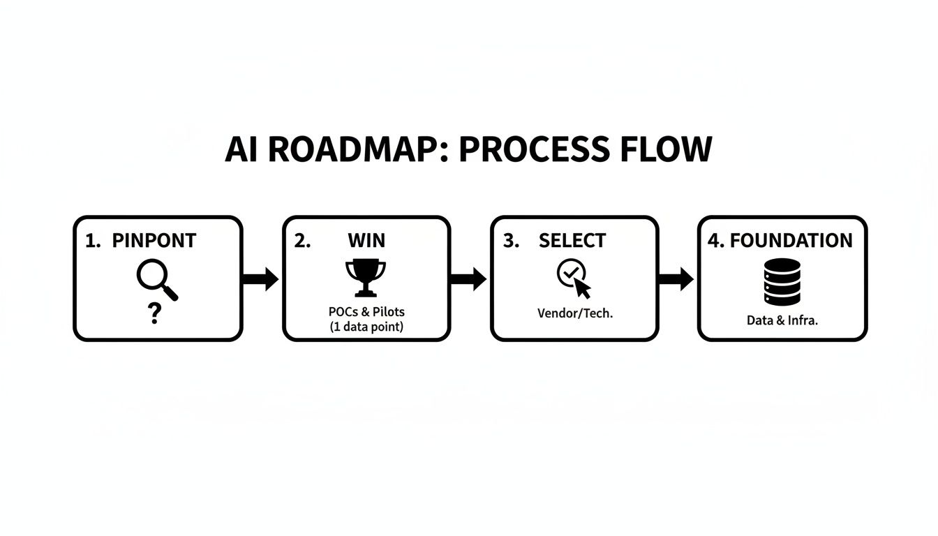 A flowchart detailing an AI roadmap process flow with four sequential steps: Pinpoint, Win, Select, and Foundation.
