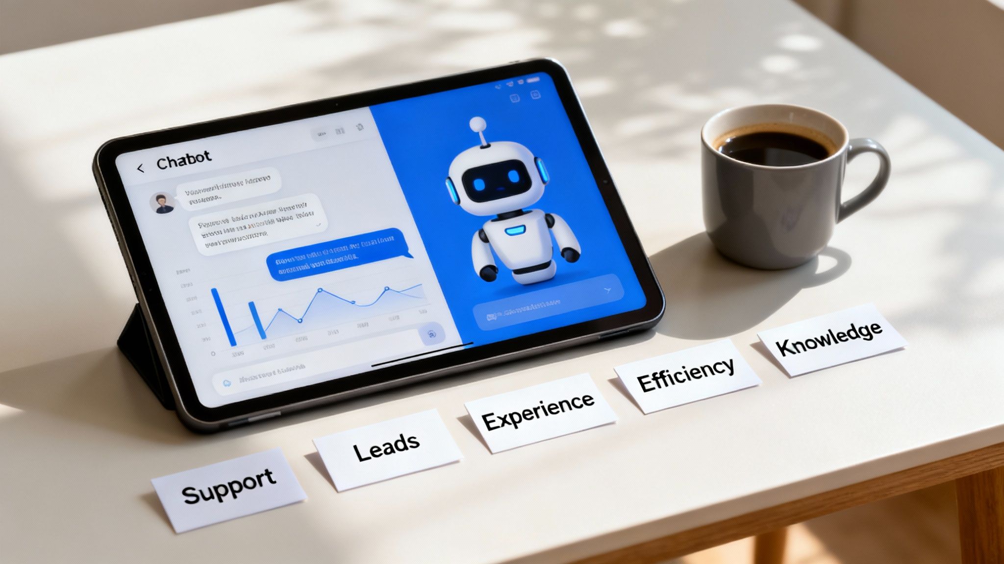 Tablet displays an AI chatbot with a robot and chat, surrounded by business keywords cards and a coffee cup.