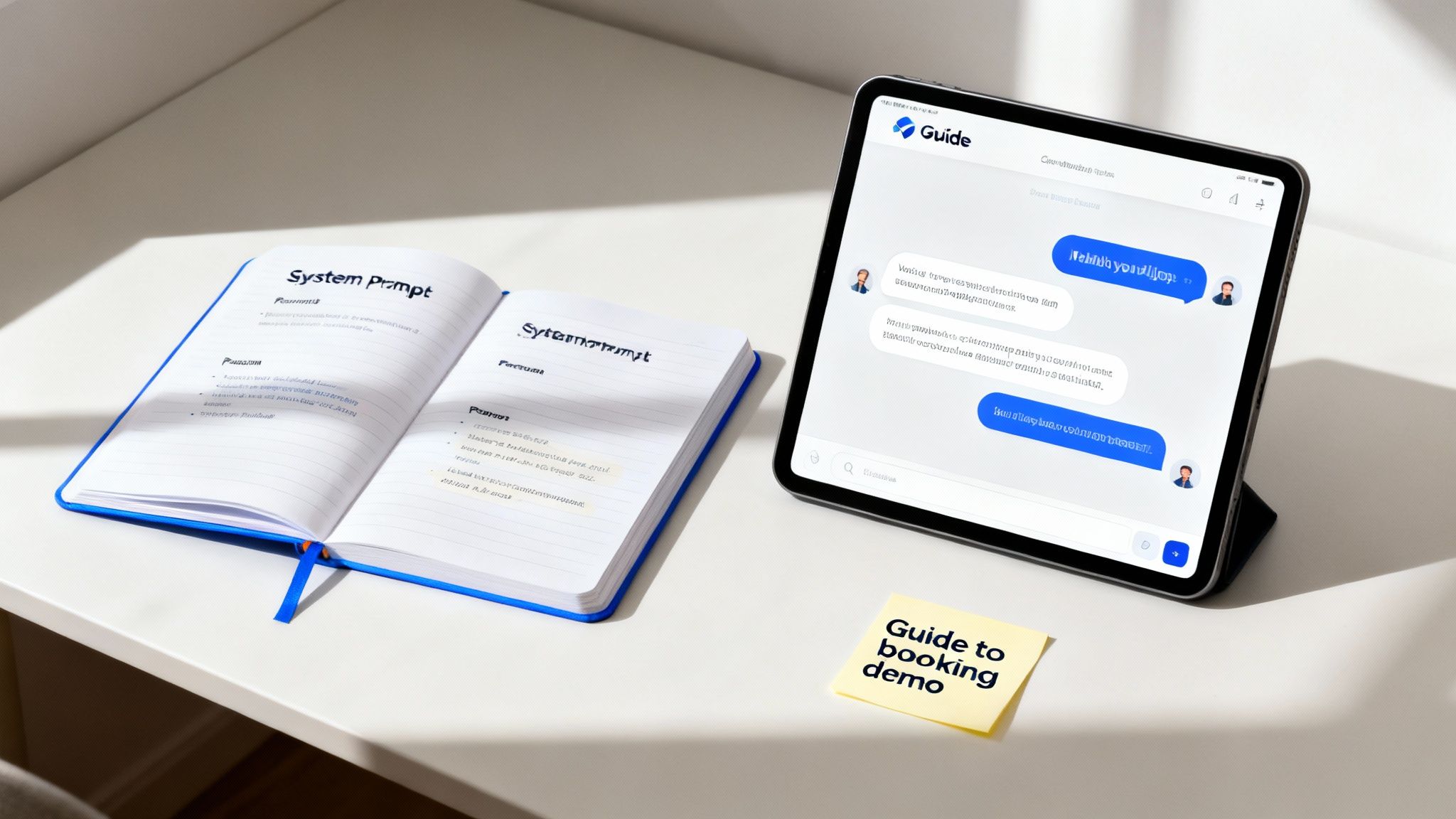 A workspace with a notebook detailing 'System Prompt', a tablet featuring an AI chat, and a demo guide note.