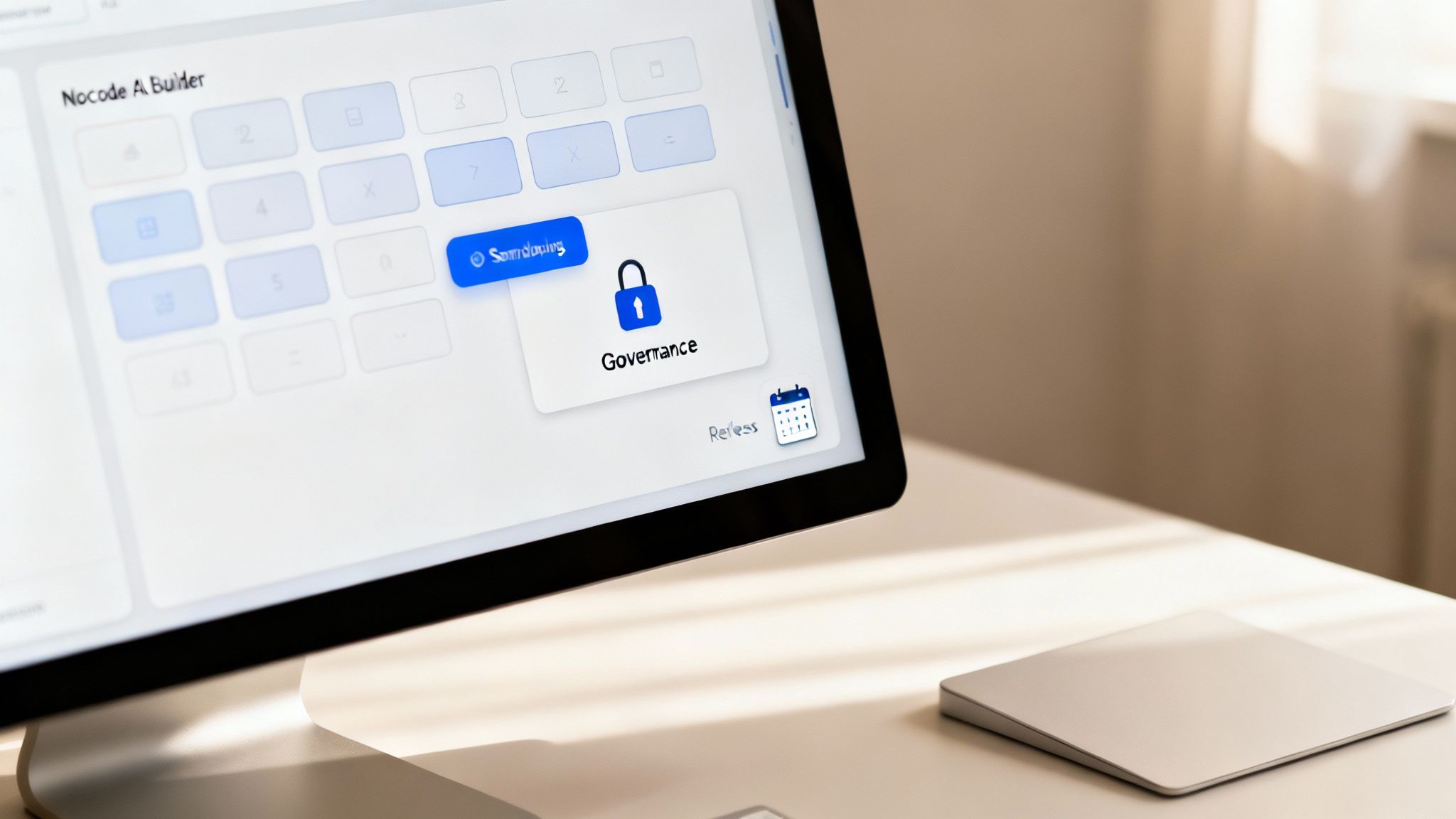 Close-up of a computer screen showing a Nocode AI Builder interface with a Governance card.