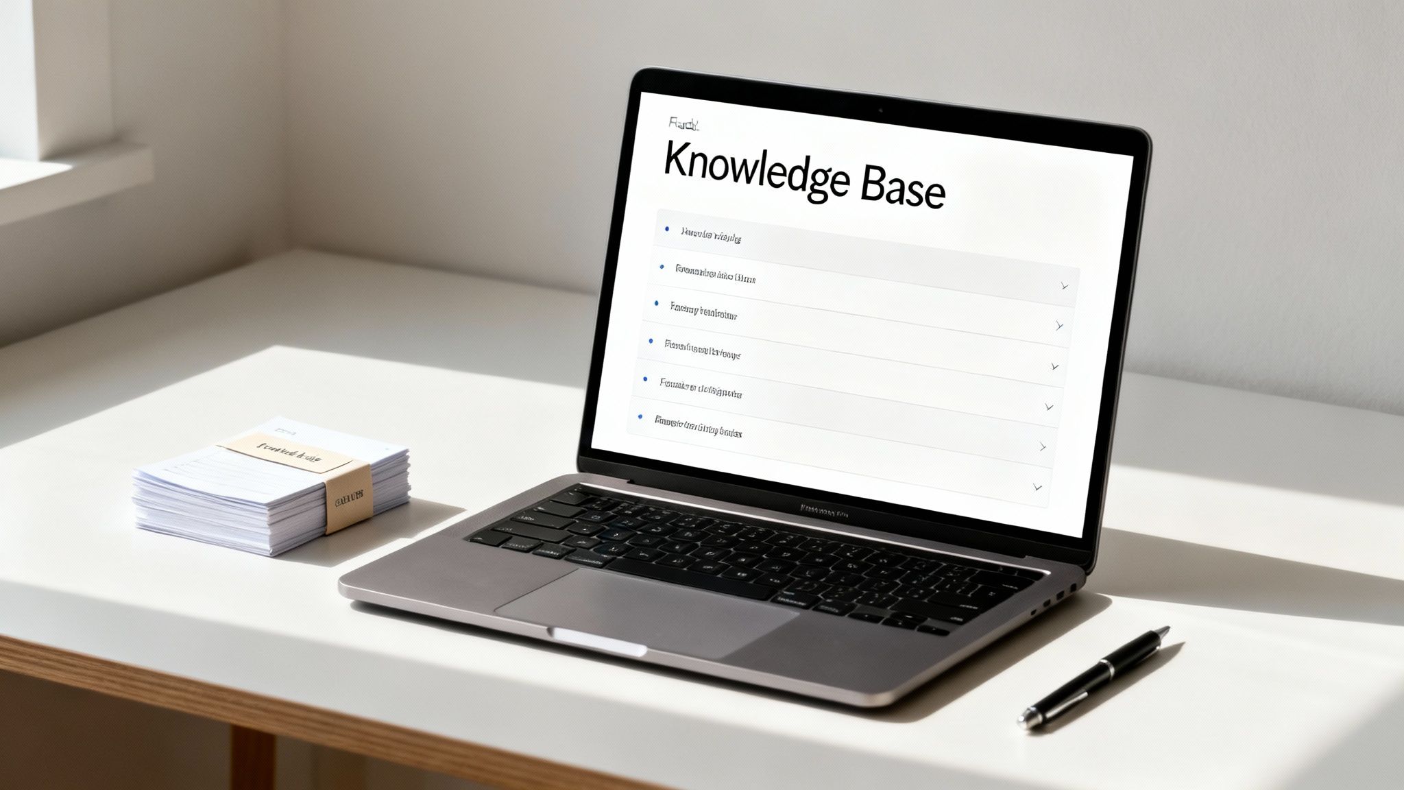 A laptop on a desk displaying a 'Knowledge Base' webpage, next to a stack of papers and a pen.