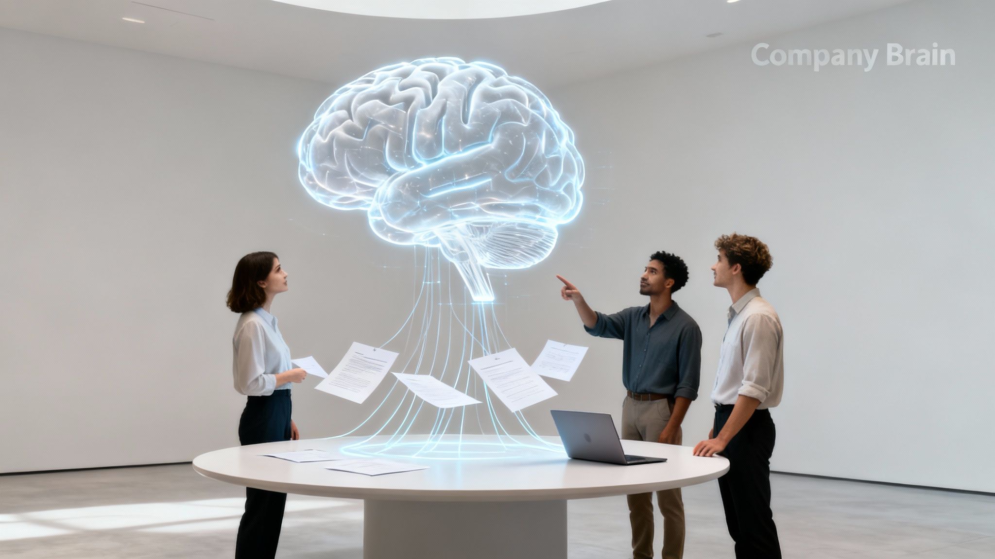 Professionals interact with a holographic brain, visualizing knowledge flowing from documents and data.