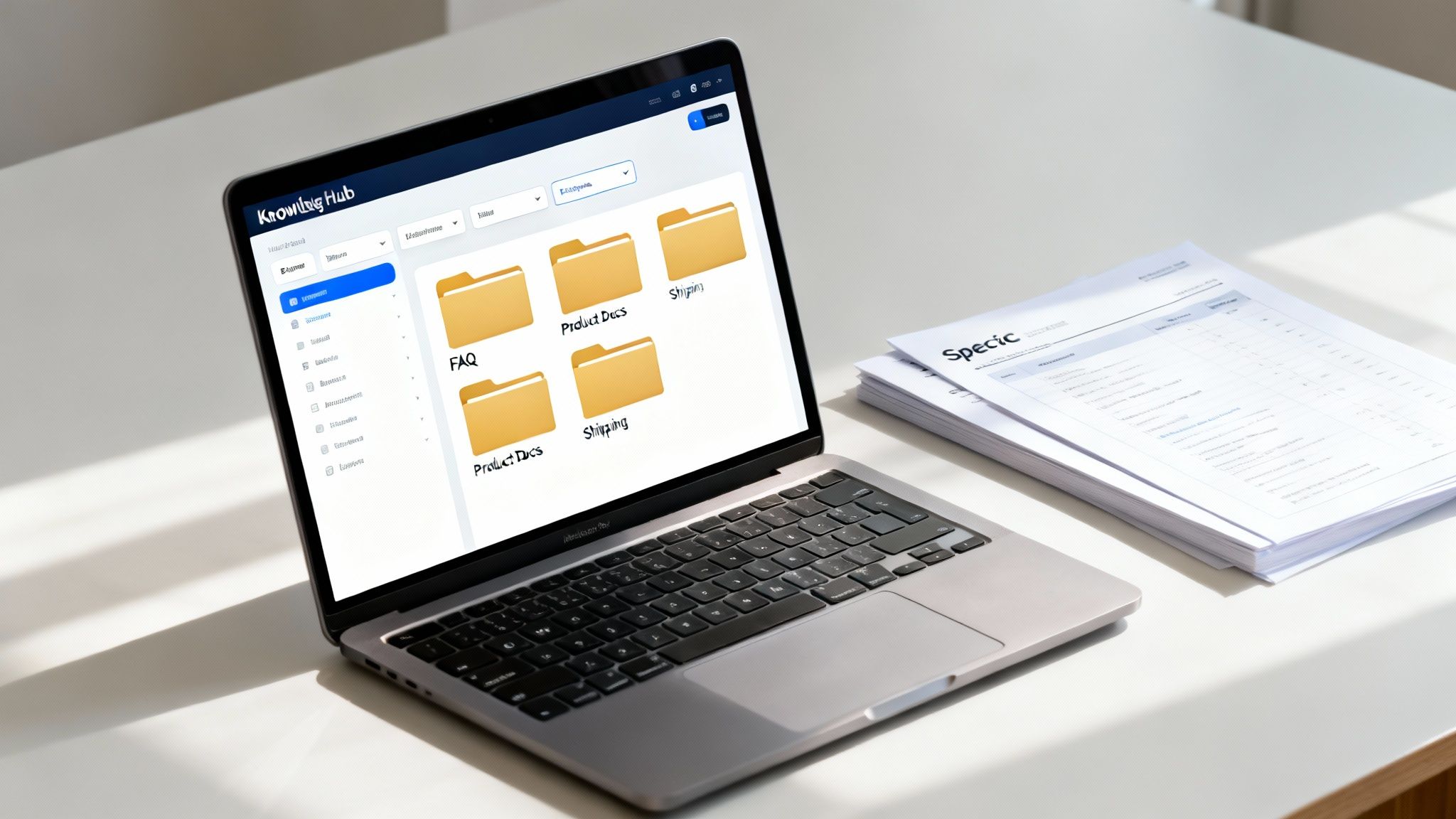 A laptop displaying a 'Knowing Hub' document management system with folders like FAQ and Product Docs.