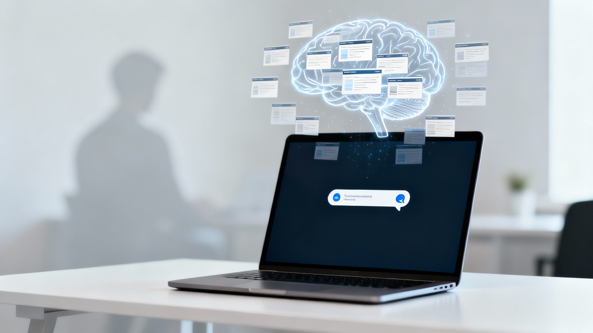 A laptop displays a chat interface with a glowing AI brain above, surrounded by data windows, symbolizing intelligent information processing.