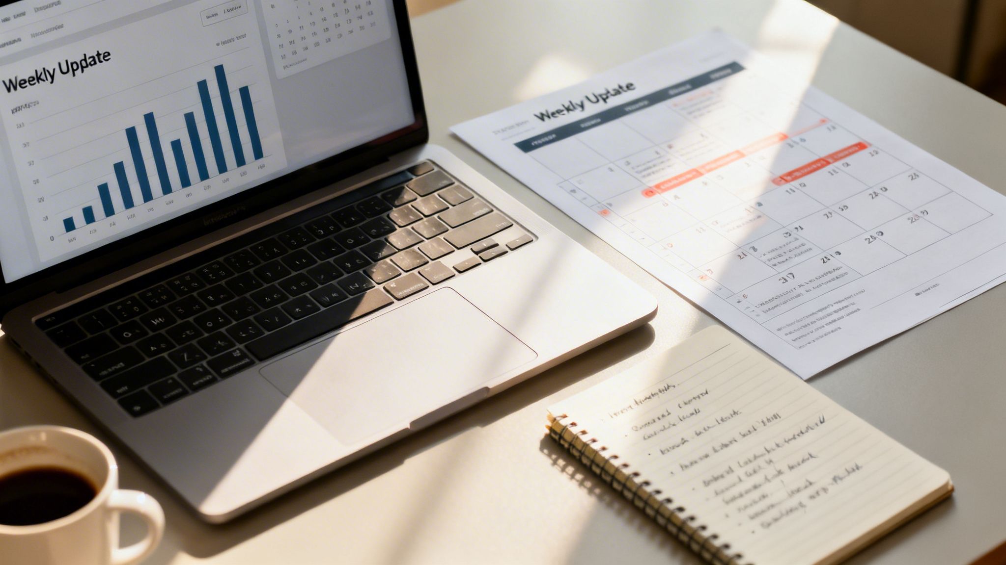A laptop displaying a 'Weekly Update' chart, a calendar, notebook, and coffee on a sunny desk.