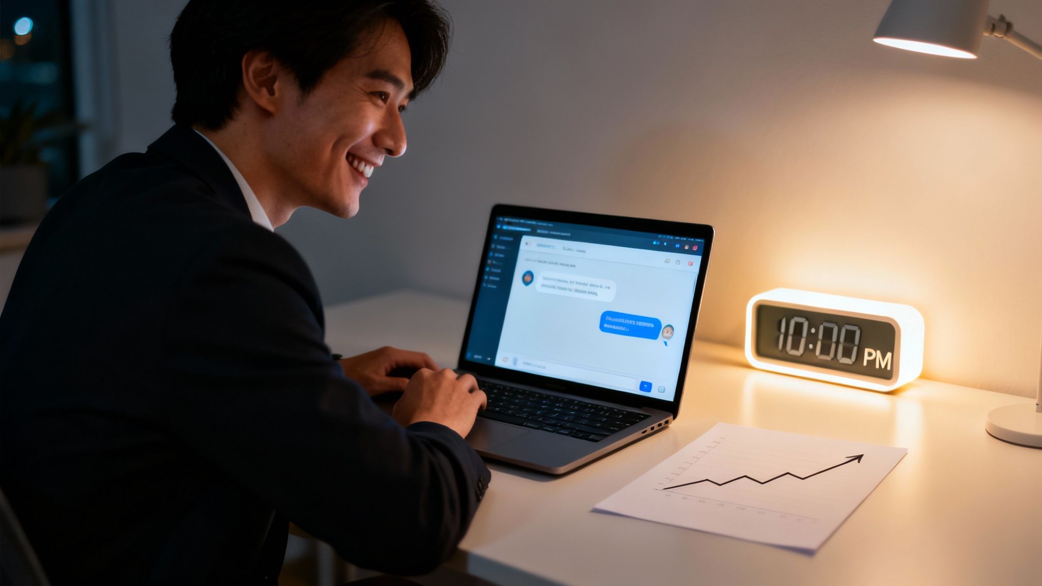 Smiling man working on a laptop with a chatbot interface at 10:00 PM, showing productivity.