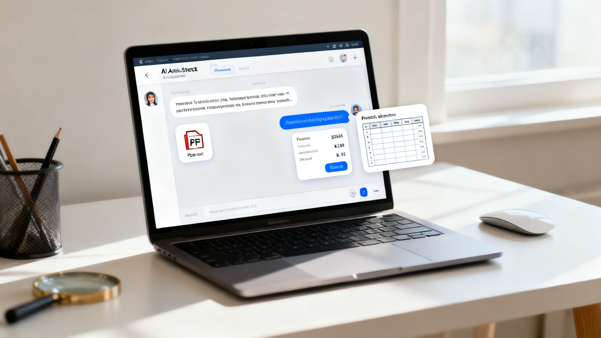 A laptop on a white desk displays a chat app showing data, a document, and a floating table.