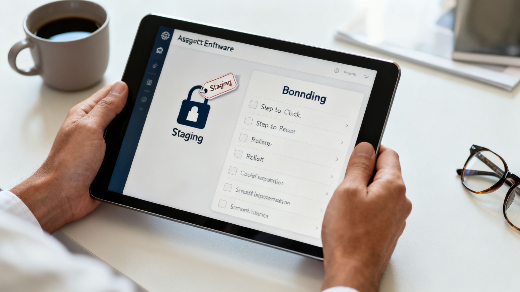 A person holds a tablet displaying a staging software interface with a lock icon and checklist items.