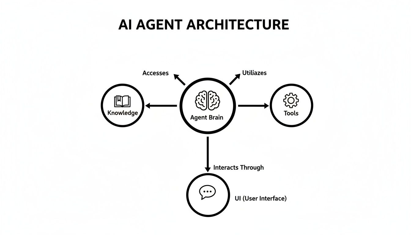Diagram illustrating AI agent architecture, showing the central brain accessing knowledge, utilizing tools, and interacting via a user interface.