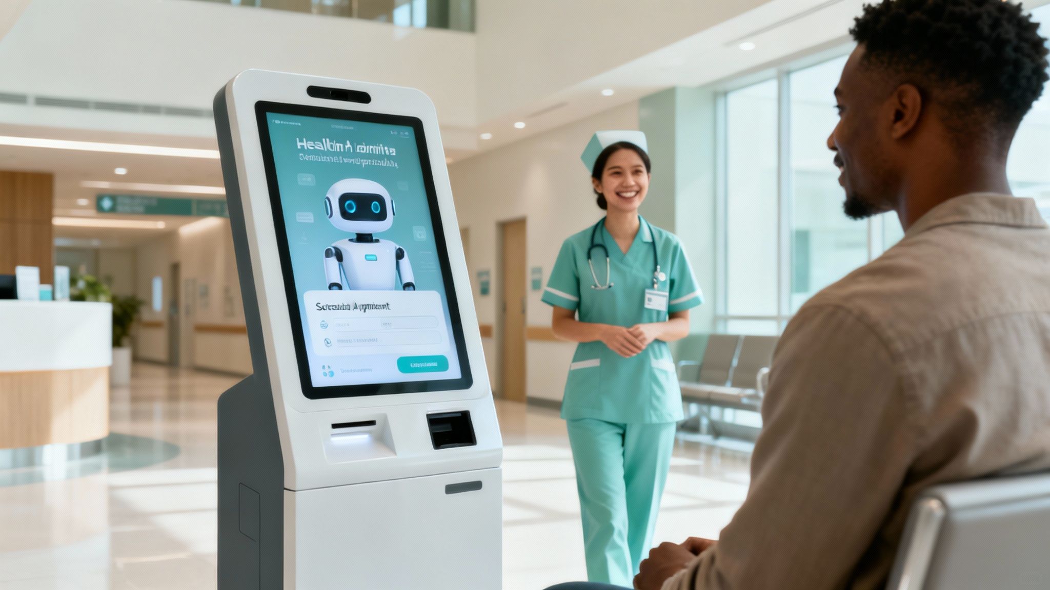 A patient interacts with an AI chatbot kiosk while a smiling nurse stands nearby in a modern hospital.