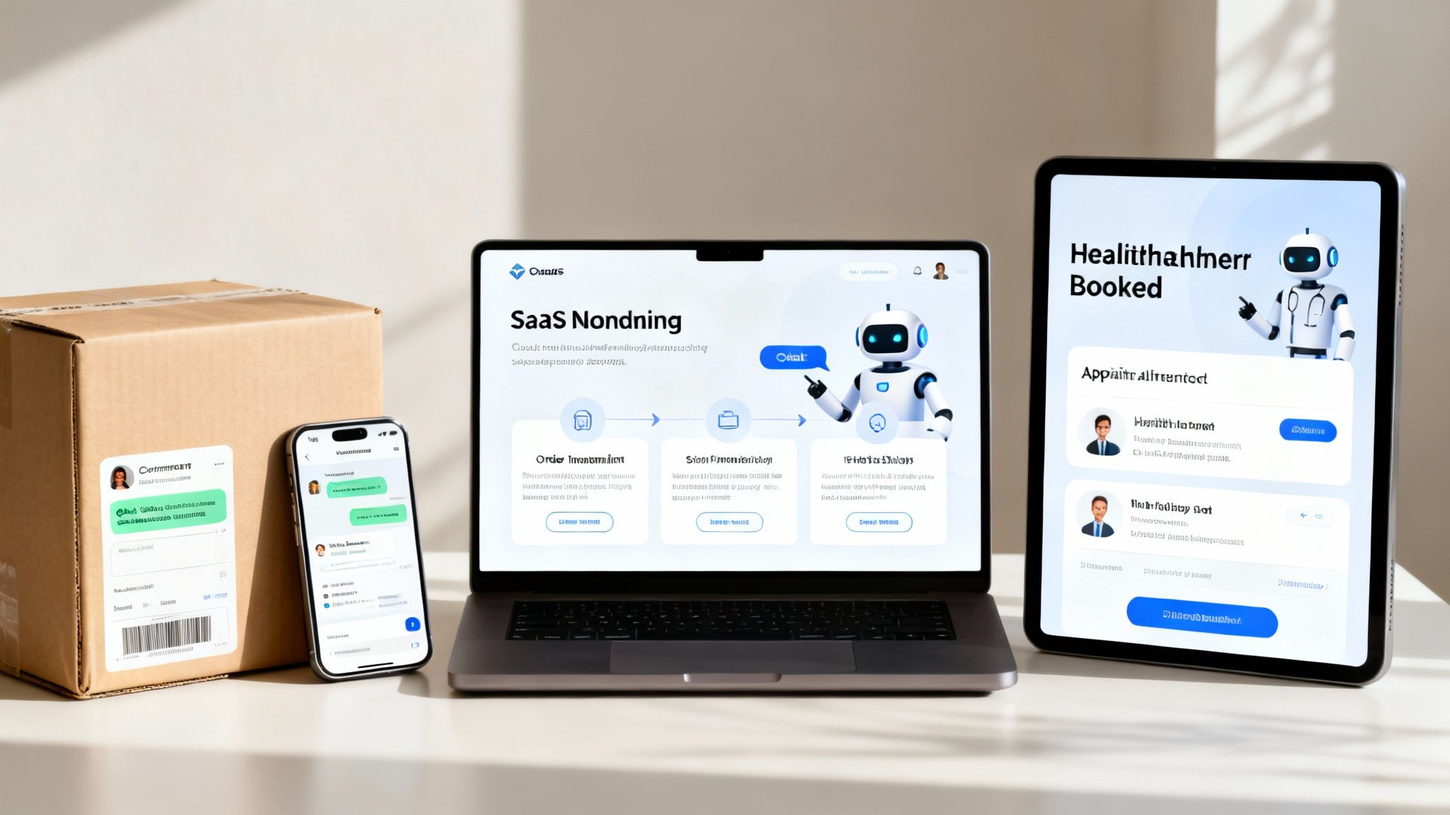 AI chatbots on a laptop, tablet, and smartphone demonstrate modern digital services and delivery.