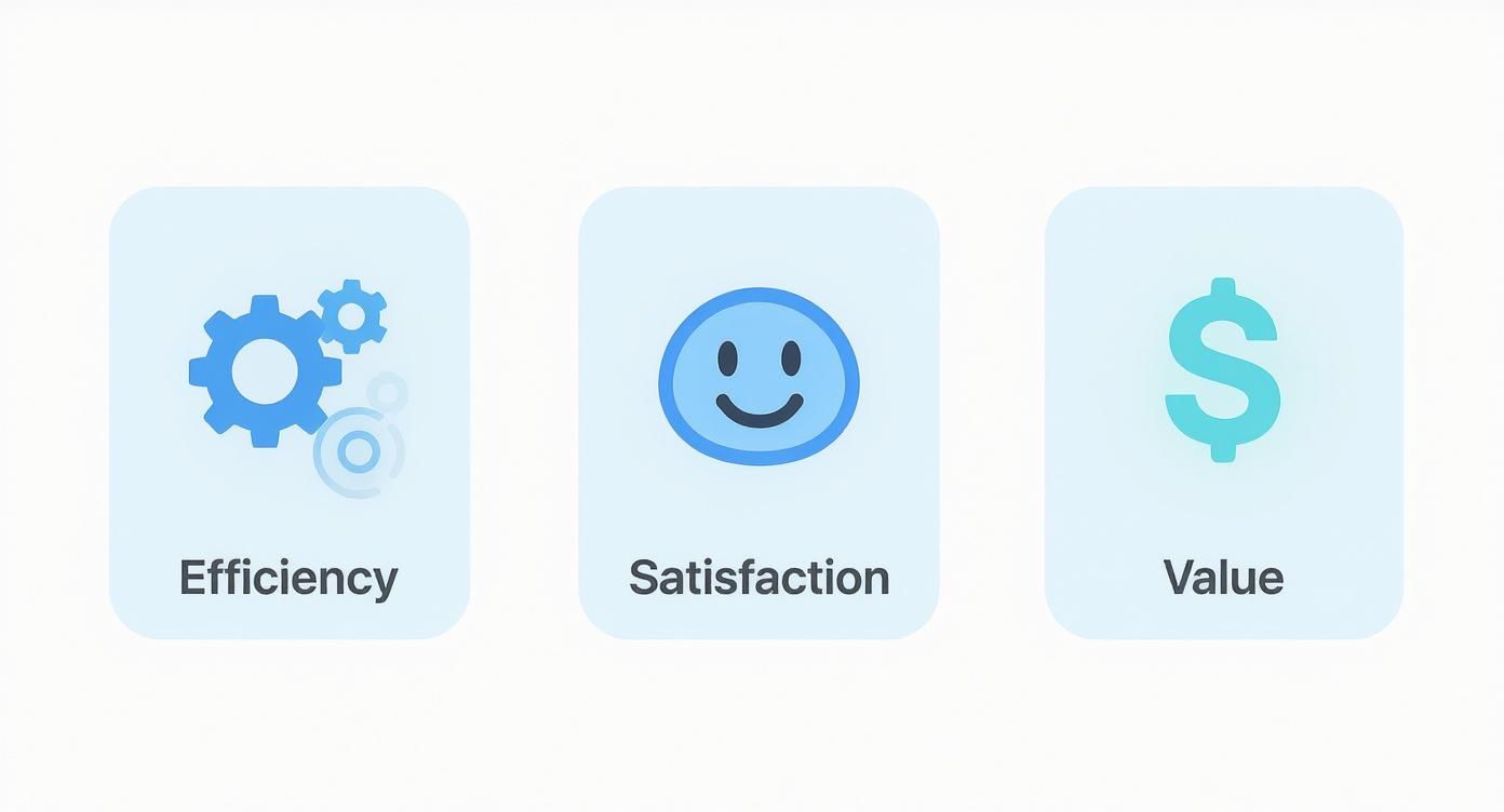 Three icons depicting efficiency (gears), satisfaction (smiley face), and value (dollar sign).